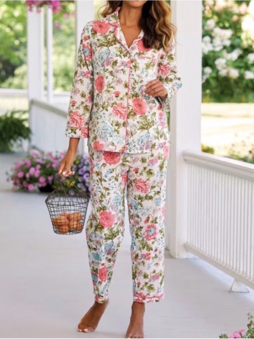 Ella Simone Vermont Country Store Pink Floral Cotton Pajama Set Womens Large